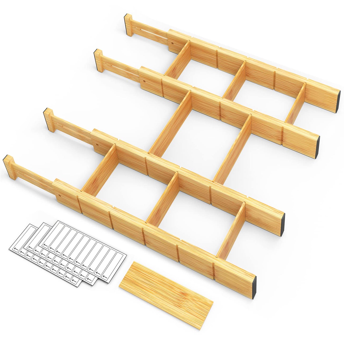 SpaceAid Bamboo Drawer Dividers with Inserts and Labels, Kitchen Cabinet Adjustable Drawer Organizers, Expandable Organization for Home, Office, Dressers, 4 Dividers with 9 Inserts (17-22 in)