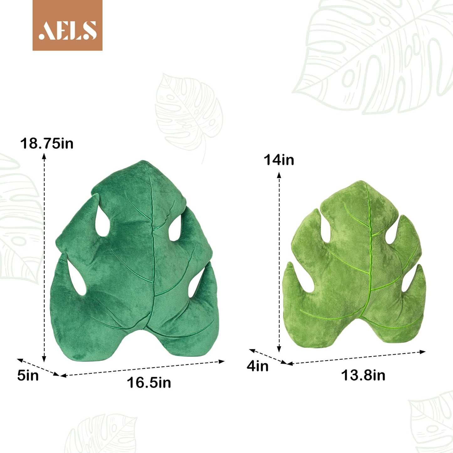AELS Set of 2 3D Leaves Decorative Throw Pillows, 18"& 14" Monstera Deliciosa Plush Pillow Set for Plant Lovers Garden Lovers, Living Room Bedroom Nursery Decor, Light Green & Dark Green