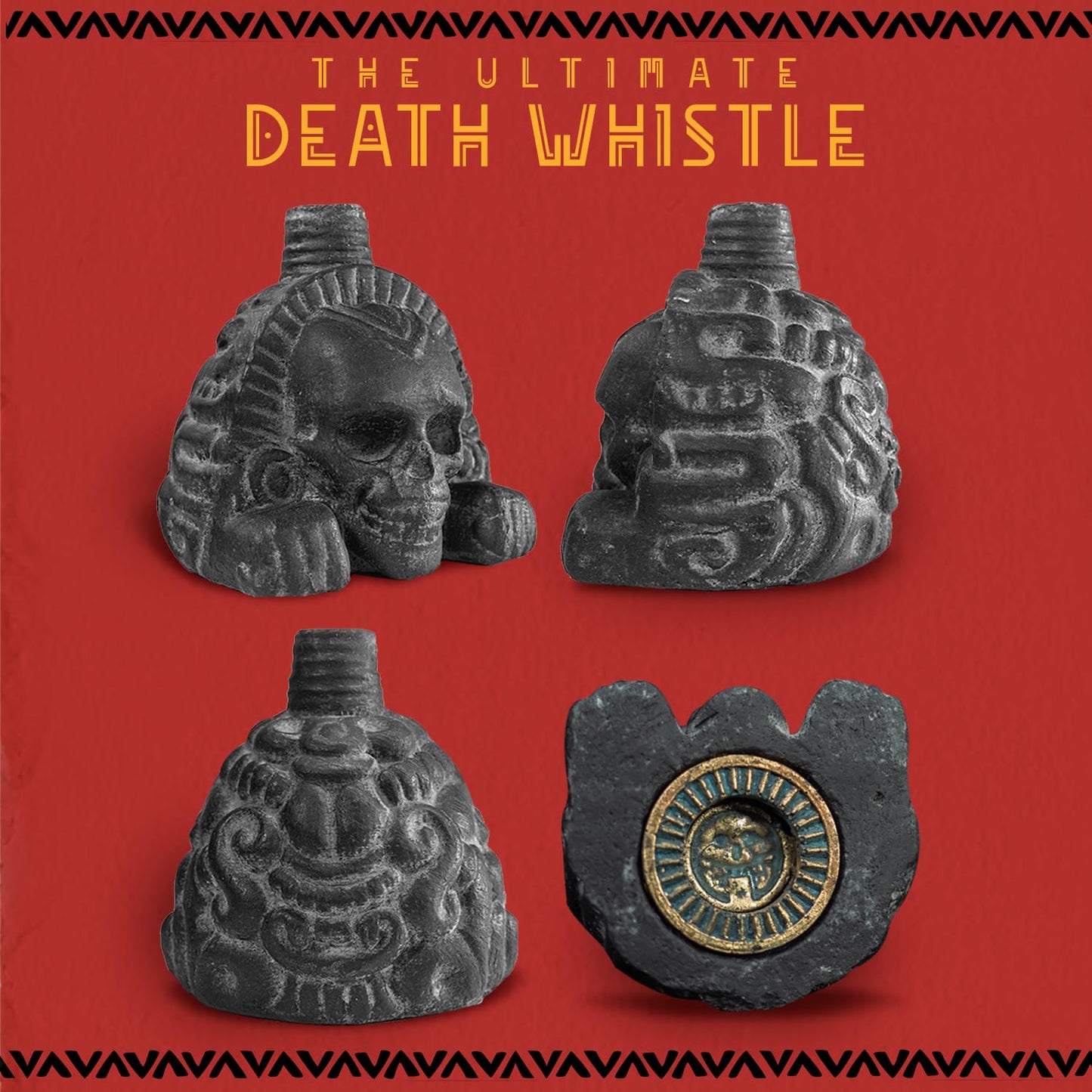 Real Screaming Aztec Death Whistle by ITZCOEHUA - Loudest Authentic Human Sounding Screams 125+ Decibels Loud, Collectible, Aztec Design in Obsidian Black, Self defense