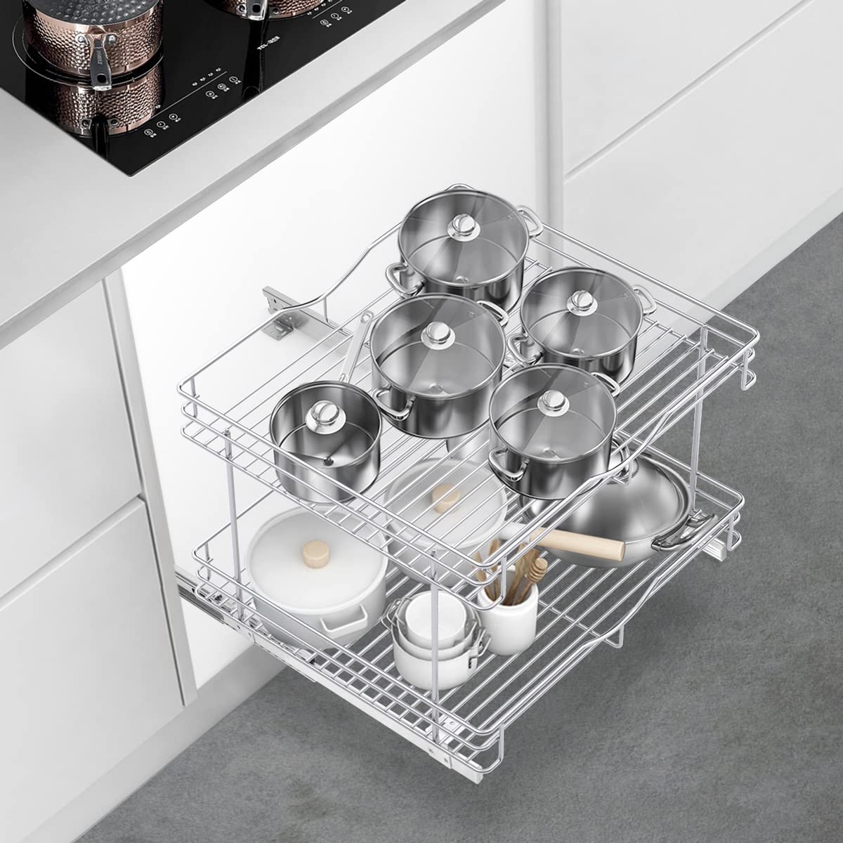 Fulgente 20"*18'' Chrome Finish Pull Out Cabinet Organizer - 2 Tier Heavy Duty Slide Out Kitchen Pantry Shelves, Rustproof Under Sink Storage Drawer for Kitchen & Bathroom