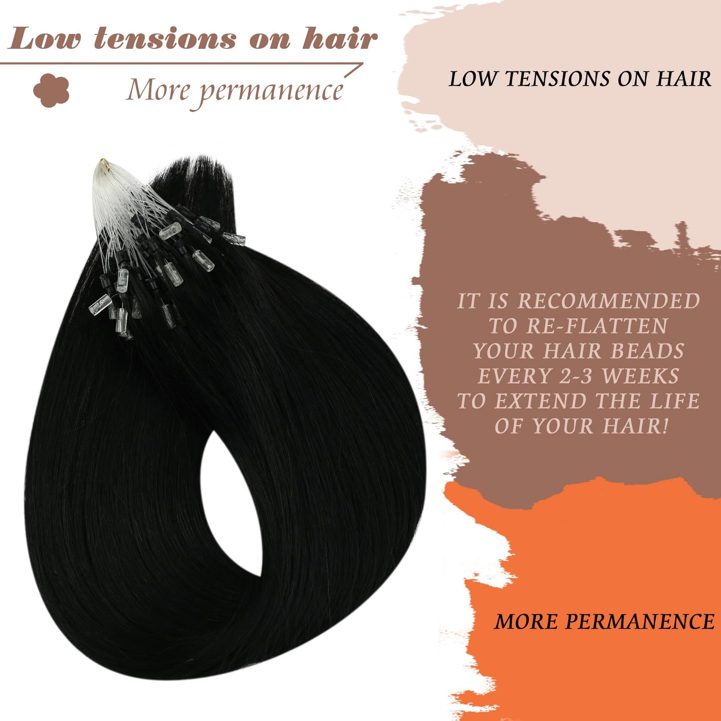 Sunny Hair Micro Beads Hair Extensions Invisible Micro Loop Hair Extensions Human Hair Straight Micro Ring Hair 50G/50S Micro Link Hair Extensions for Women Black 24inch
