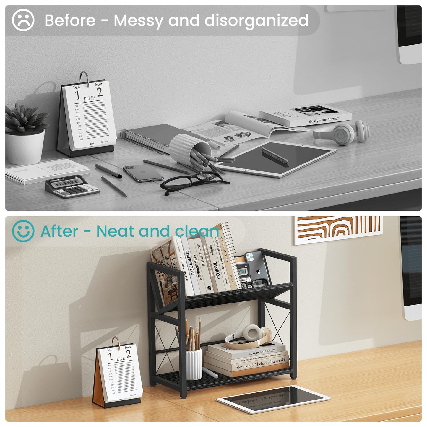 ELITEROO Desktop Bookshelf, 2 Tier Desk Book Organizer Shelf, Wood Tabletop Bookshelf Storage, Small Desk Top Bookcase for Office, Home, or Study, Mini Table Book Rack for Display, Black