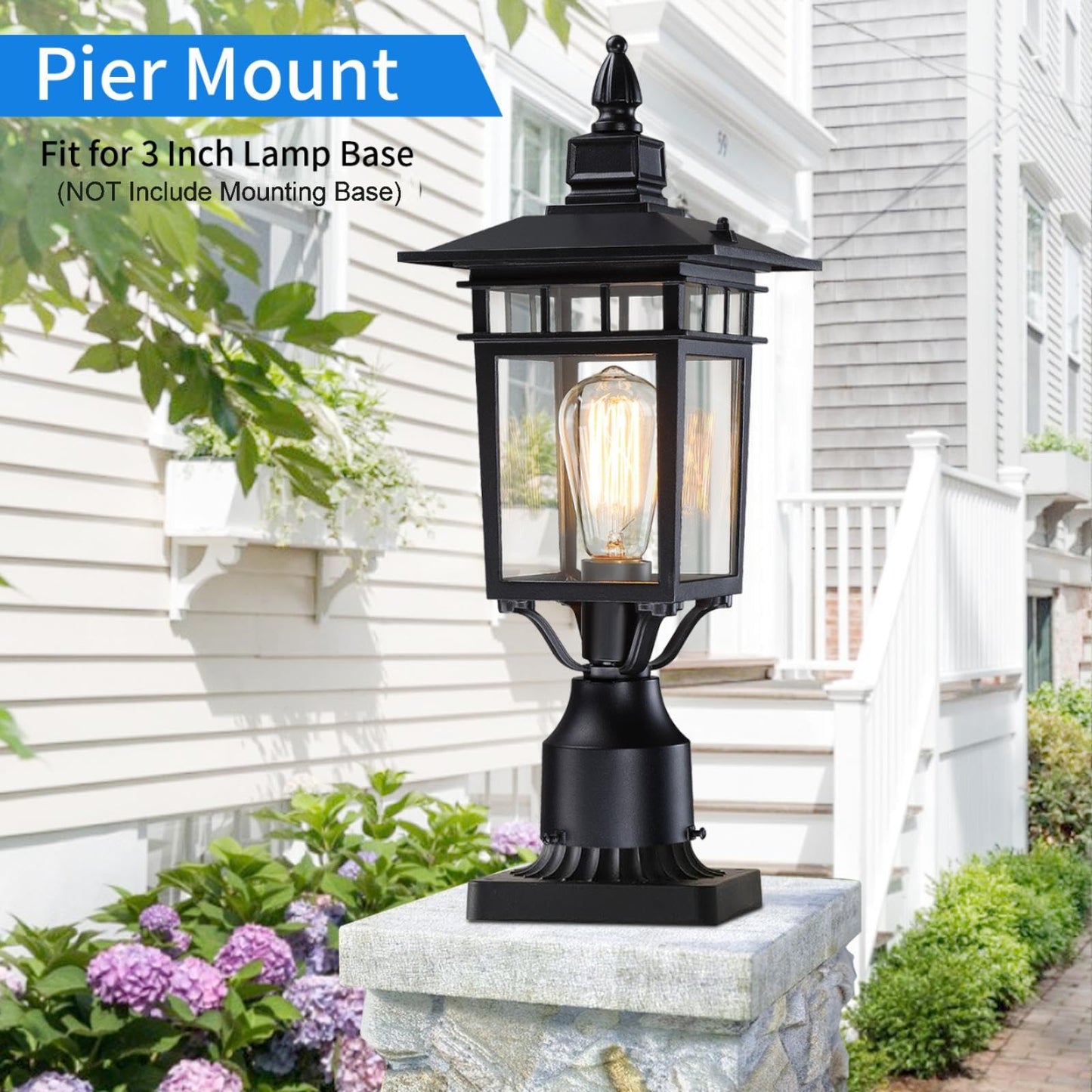 17.6'' Outdoor Post Light 2 Packs, Black Pole Lantern Lighting Fixture Hard Wired, Waterproof Outdoor Column Lights Exterior Lamp Post Lantern with Glass for Garden Path(Not Include Mounting Base)