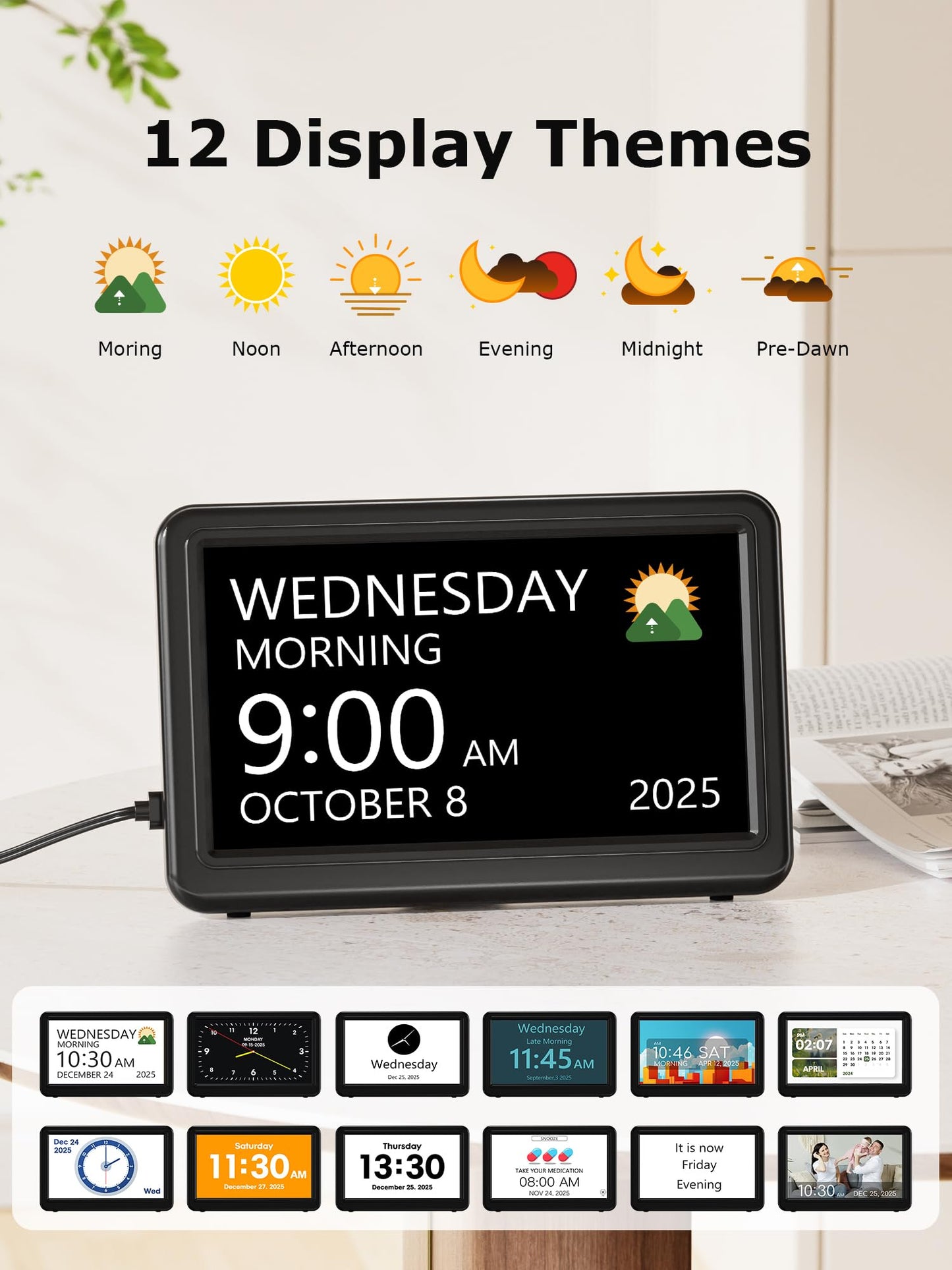 Dementia Clock for Seniors with 20 Alarms & 20 Reminders, 12 Themes, 18 Alarm Sounds, 10-Level Dimmer with Sleep Mode, Digital Calendar Day Clock, Dementia Clock with Date and Time for Elderly