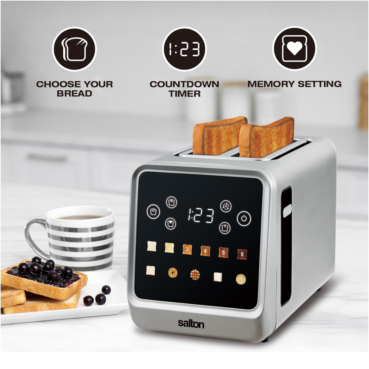 Salton Touchscreen Toaster | 2 Slice Digital Toaster | Intuitive Touch Controls | 6 Precise Shade Settings | Memory & Single Slice Functions | Removable Crumb Tray | Anti-Jam Safety Shut-Off
