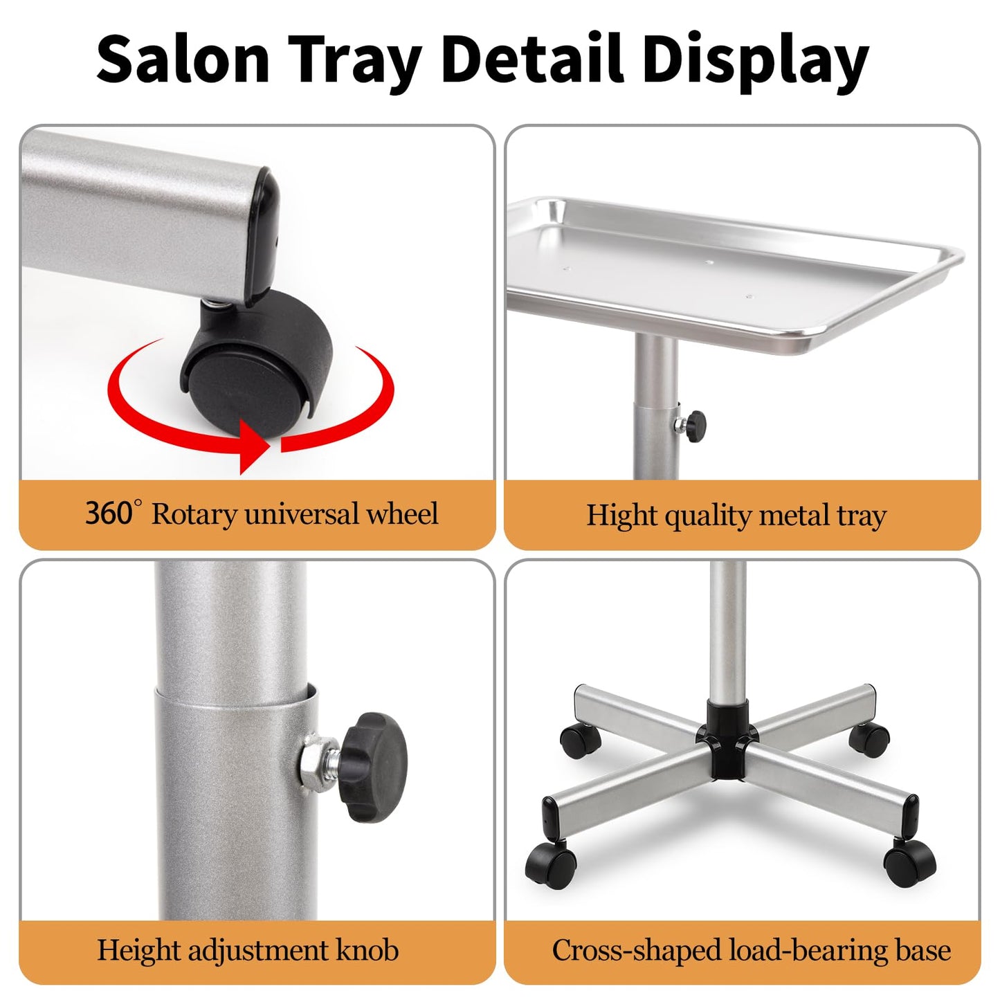 Salon Tray on Wheels, Rolling Tattoo Tray, Adjustable Hair Stylist Tray, Metal Mayo Stand Tray, Salon Color Tray Use As Medical Tray, No-Rusting