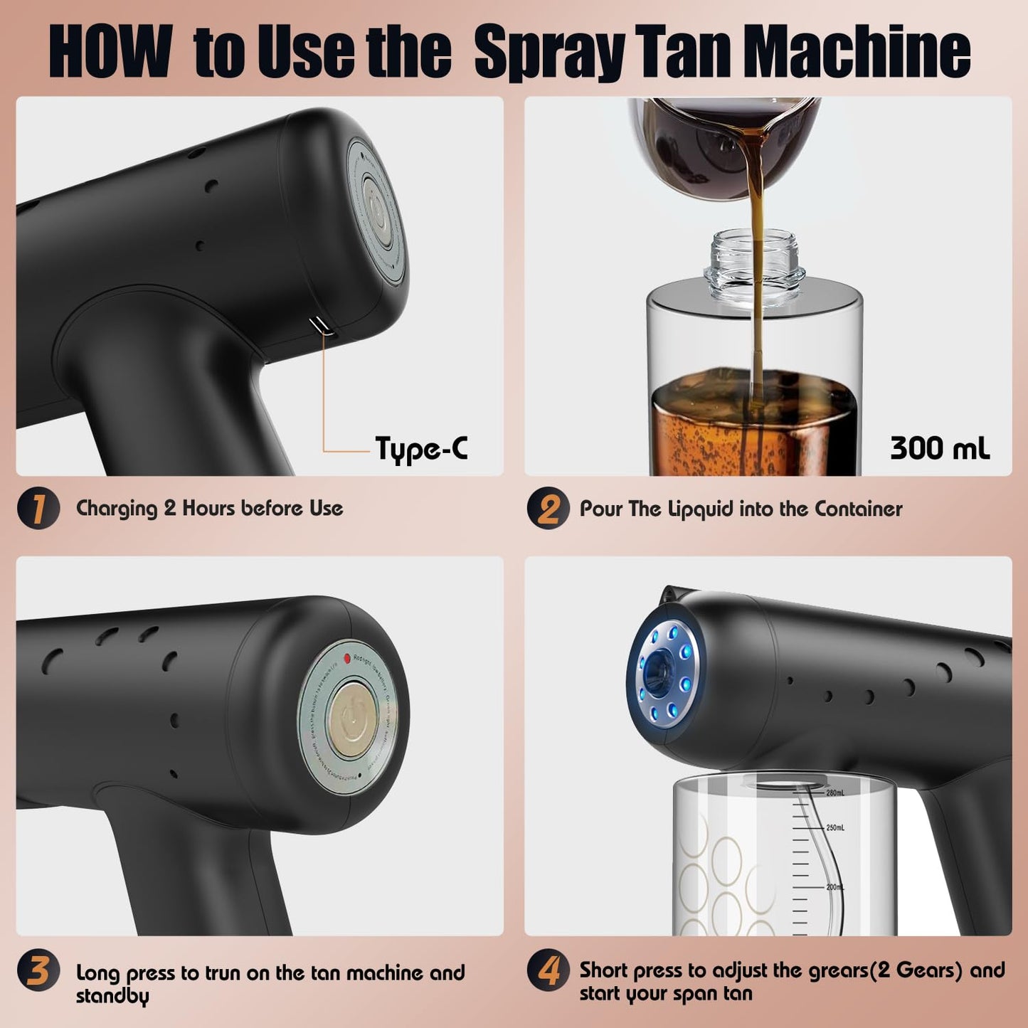 Professional Cordless Spray Tan Machine - High-Power 2-Speed Atomization Handheld Tanning Gun, USB Rechargeable, Ultra-Portable with Even Mist Coverage for Salon, Home, Beach & Mobile Tanning (Black)