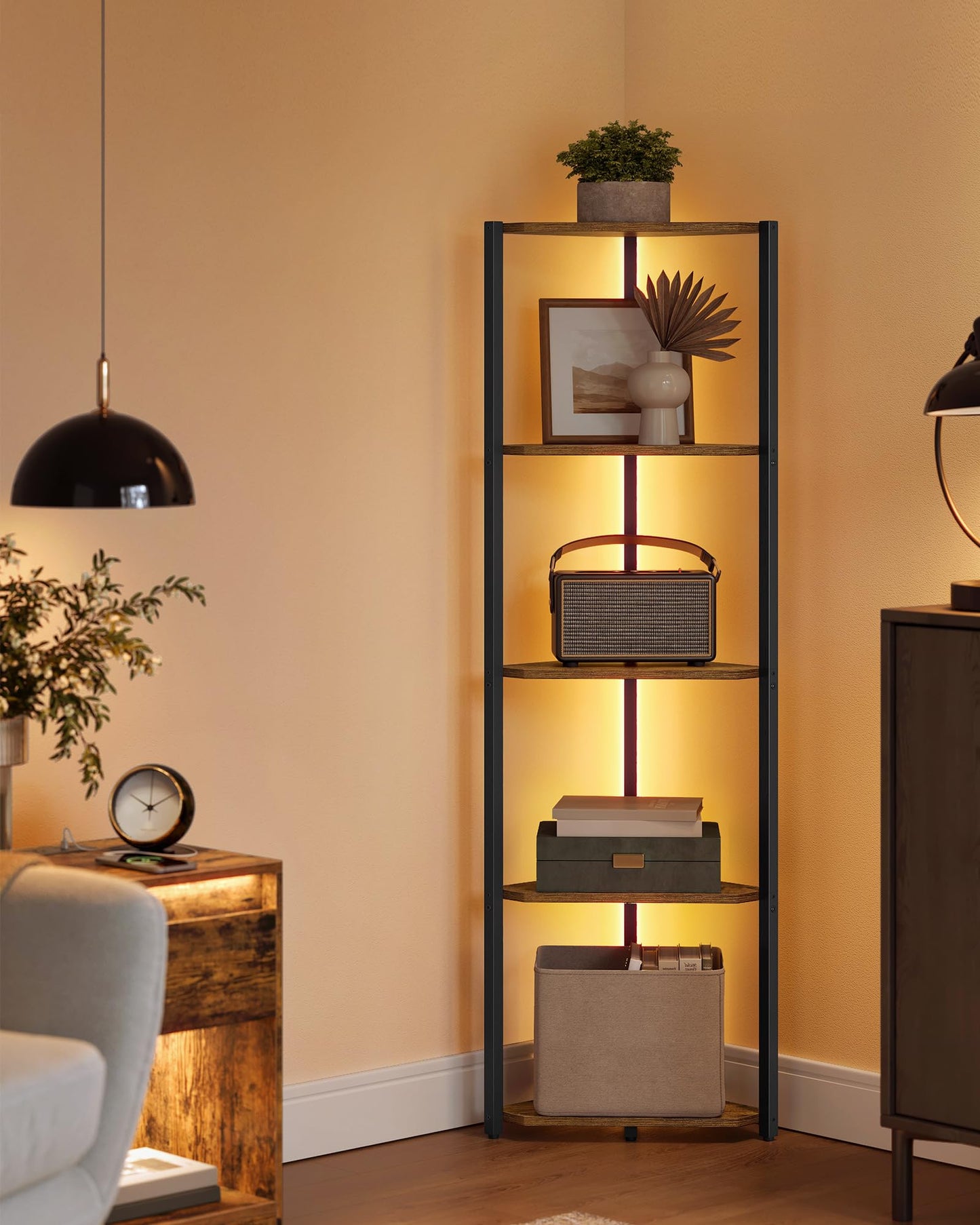 VASAGLE Corner Shelf Stand with LED Lights, 5-Tier Corner Bookshelf, Storage Shelf with Steel Frame, 9.8 x 18.9 x 57.7 Inches, for Living Room, Bedroom, Study, Rustic Brown ULBC590K01