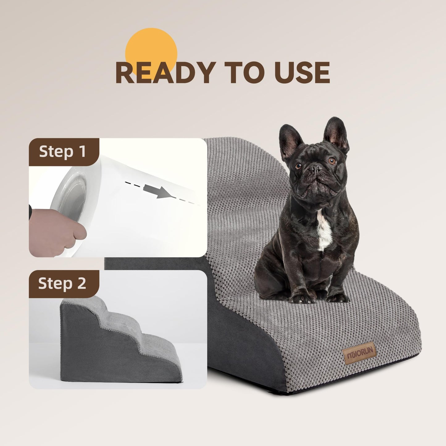 Miorun Dog Stairs Ramp for Bed and Couch Up to 17", Slope 3-Step Foam Steps for Pets to get on Sofa, Puppy Ladder with Washable Cover and Balanced Non-Slip Base, Ideal for Older Cats