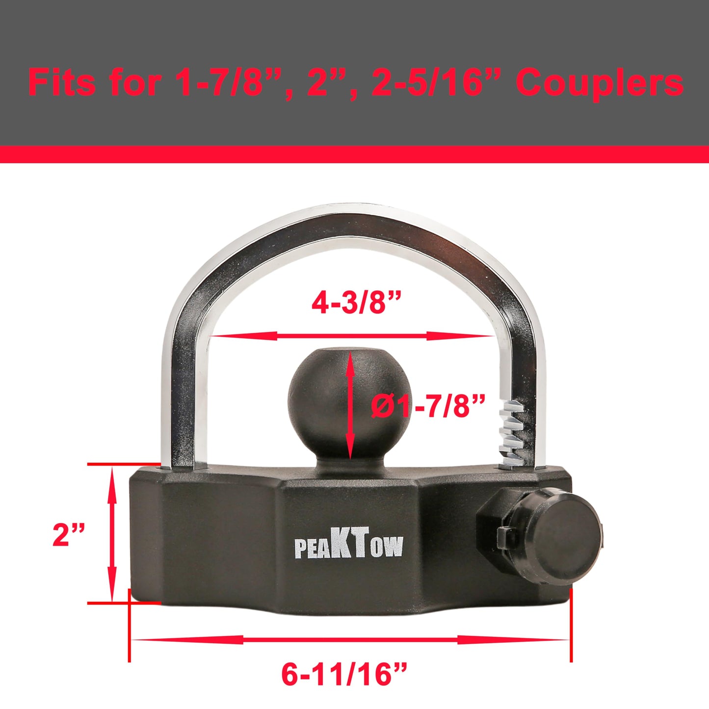 PEAKTOW Heavy Duty Universal Adjustable Coupler Lock Trailer Hitch Storage Security Lock Fits 1-7/8, 2, 2-5/16 Inches Couplers with 2 Keys, Anti-Theft and Top Tier Security, Black