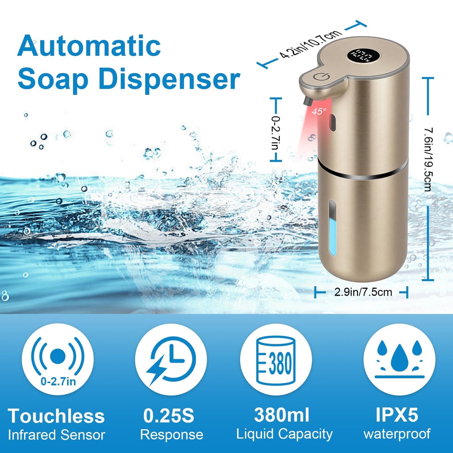 OHIFAST Automatic Liquid Soap Dispenser Touchless, USB Rechargeable Smart Hand Soap Dispenser, 6-Level Adjustable, 12.8oz/380mL Wall Mounted for Bathroom Kitchen Accessories Dish Soap-Gold