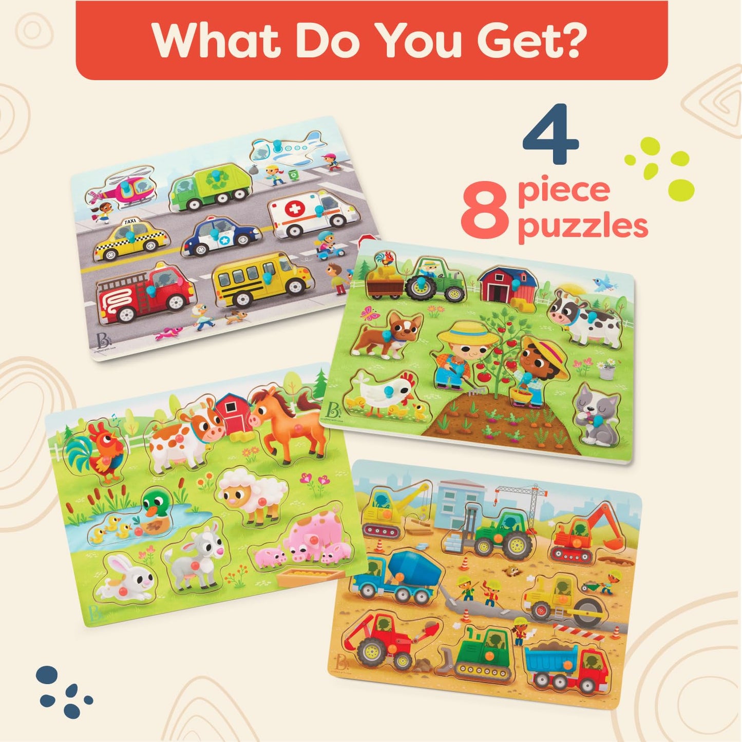 B. Toys – Peek & Explore Puzzle 4 – Pack – Wood Toys for Toddlers, Kids – 8 Pieces Each – Vehicles, Trucks, Animals, Barnyard – 2+ Years