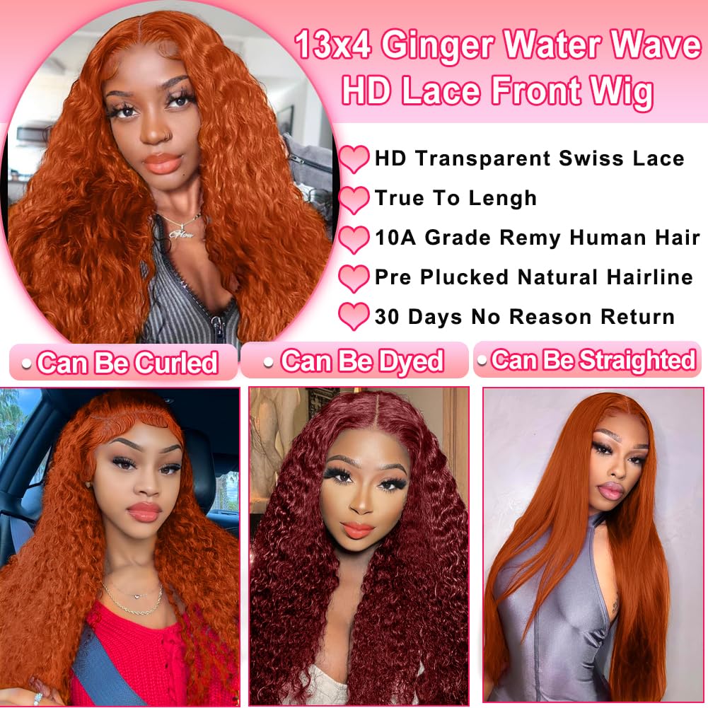 ALSZIQIHR Ginger Orange Water Wave Front Wig Human Hair Color 13x4 HD Transparent Lace Front Human Hair Wig for Black Women 180% Density R