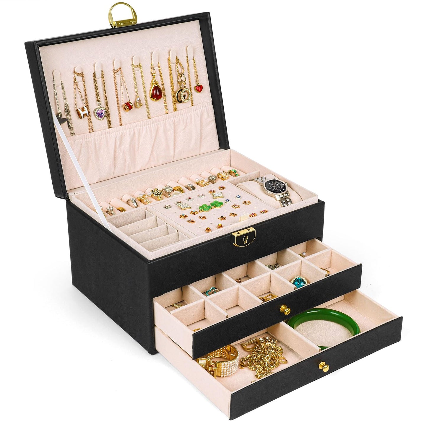 SYCARON Large Jewelry Box Organizer for Women Girls, 3 Layers PU Leather Jewelry Storage Case with Lock for Women and Girls Necklace Bracelets Earrings Rings Organizer, Black