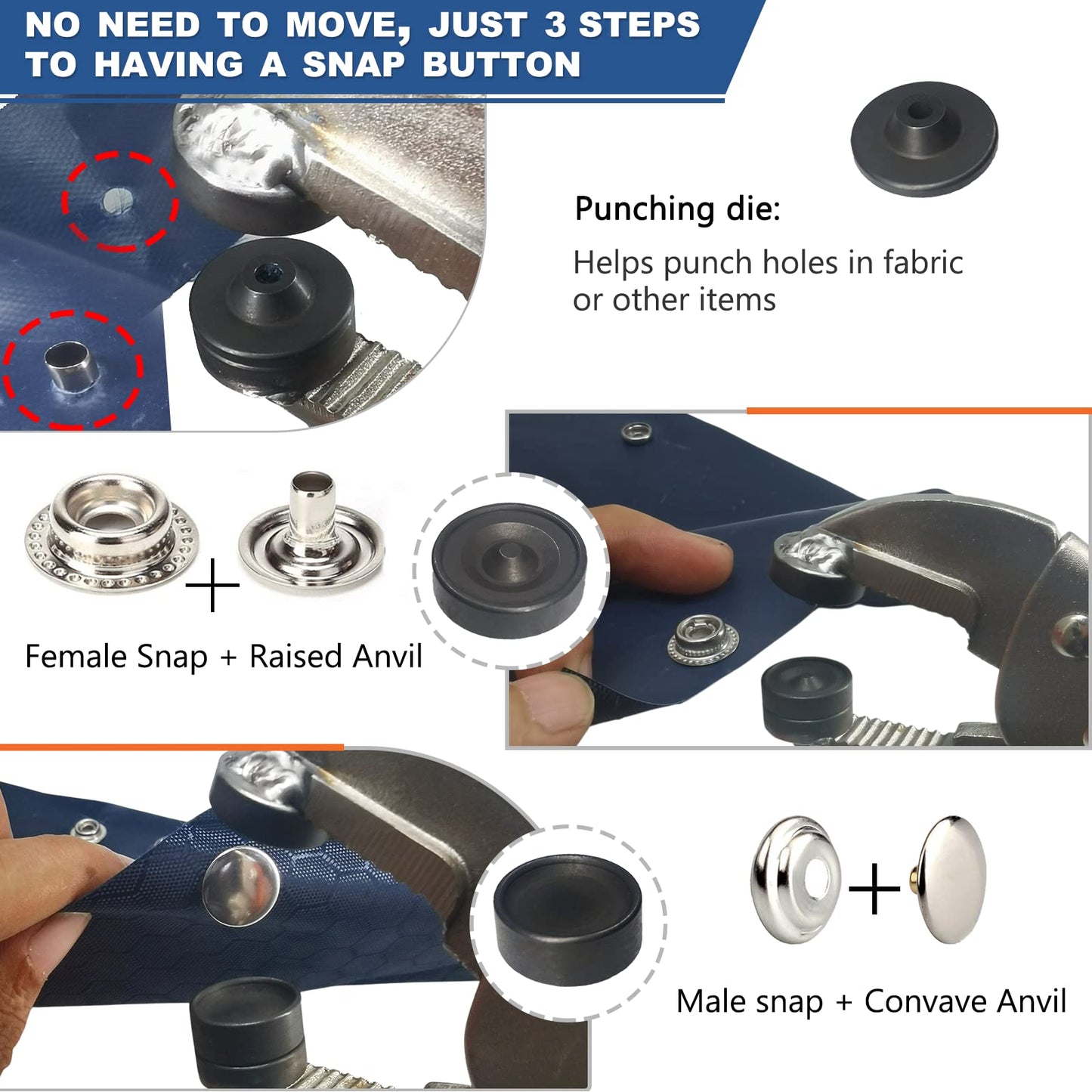 MinliGUY Snap Pliers for Metal Fasteners - Heavy Duty Tool Kit With 3 Dies & 60-Set Stainless Steel 15mm Snaps for Boat Cover/Tarp/Marine Canvas/Leather Installation/Replacement