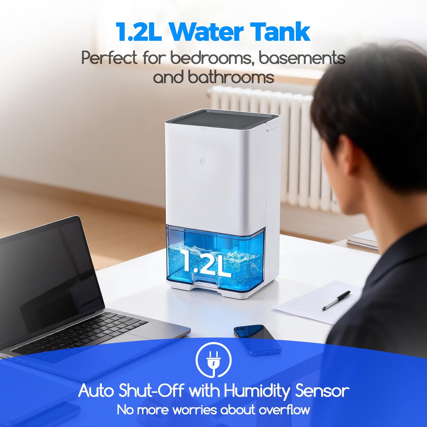 Home Dehumidifier, 40W Low Energy Dehumidifier with 1.2L Water Tank, Auto Shut-Off & Humidity Sensor, Quiet Dehumidifier for Bedroom, Basement, Bathroom (Up to 323 sq.ft)