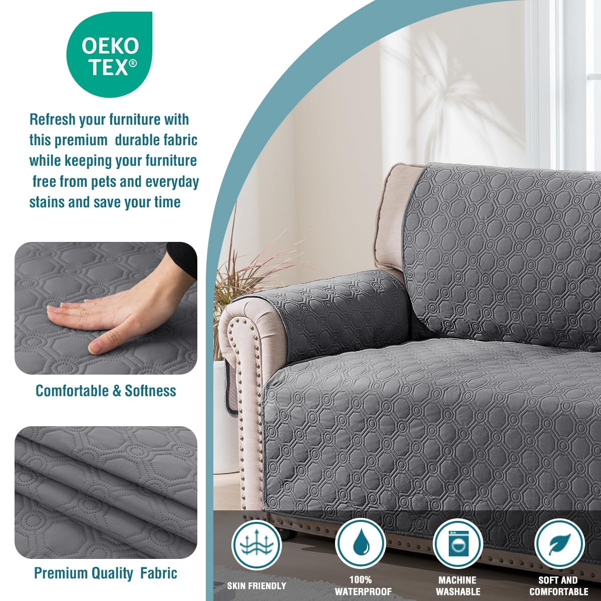 Turquoize 100% Waterproof Sofa Cover 3 Seater Triple Non-Slip Couch Cover Sofa 3 Seater Pet Friendly Sofa Slipcover Furniture Protector for Pets, Dogs, Kids (Large 68", Grey)
