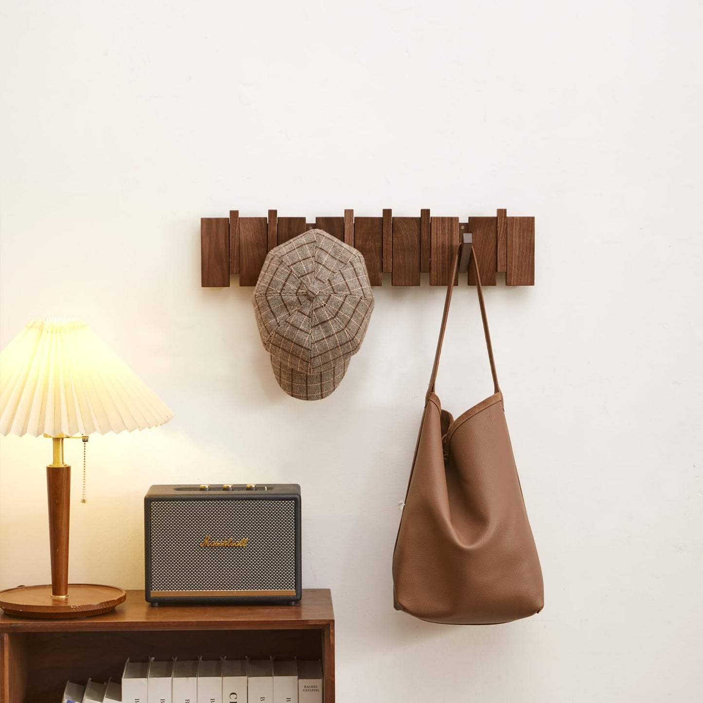 Wood Coat Rack Wall Mount, QUELLANCE Walnut Wall Coat Rack with 8 Hooks for Bathrooms&Door&Entryway, Wall Hooks for Hanging Coats/Keys/Hats/Robe&Towels/Plants/Backpaks