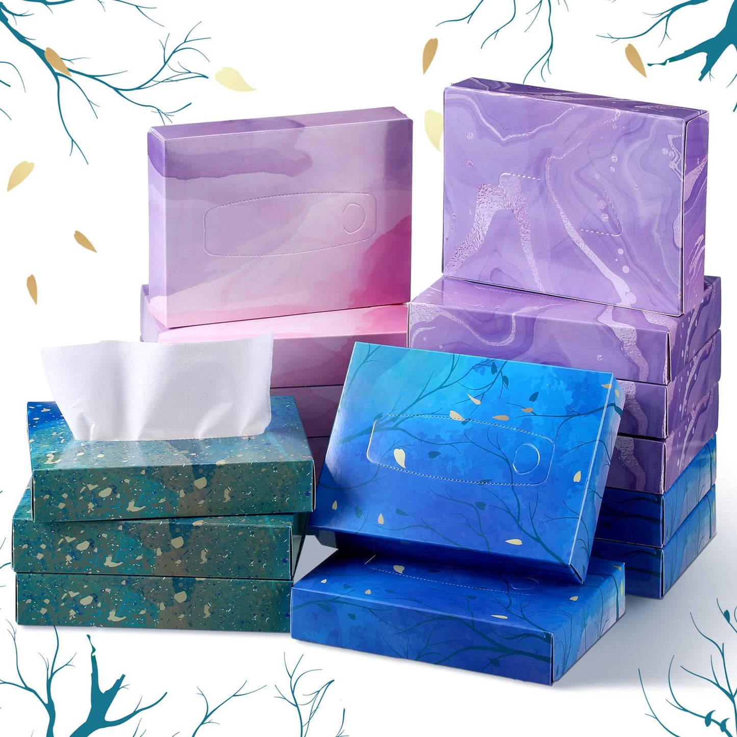 Yinder 24 Packs 960 Sheets Tissue Cube Car Facial Boxes Disposable Facial Travel Tissues Holder Soft Watercolor Boxes 2 Ply 40 Sheets for Wedding Household Car Kitchen Bathroom(Stylish)