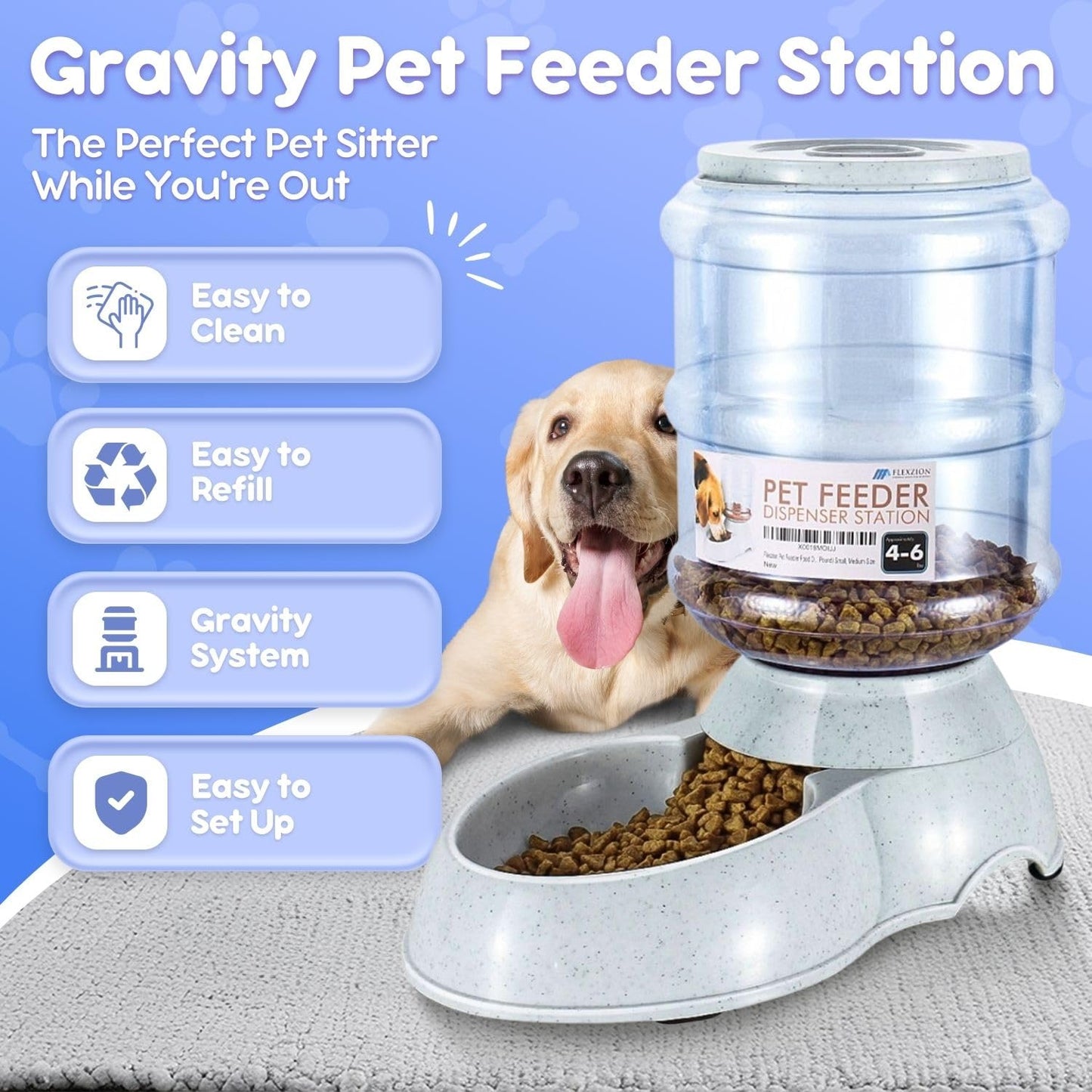 Flexzion Gravity Dog Feeder, Automatic Replenish Large Dog Food Dispenser, Non-Skid, Easy-Clean, Large Capacity Dry Food Storage Bowl for Large Pet, 1 Gallon