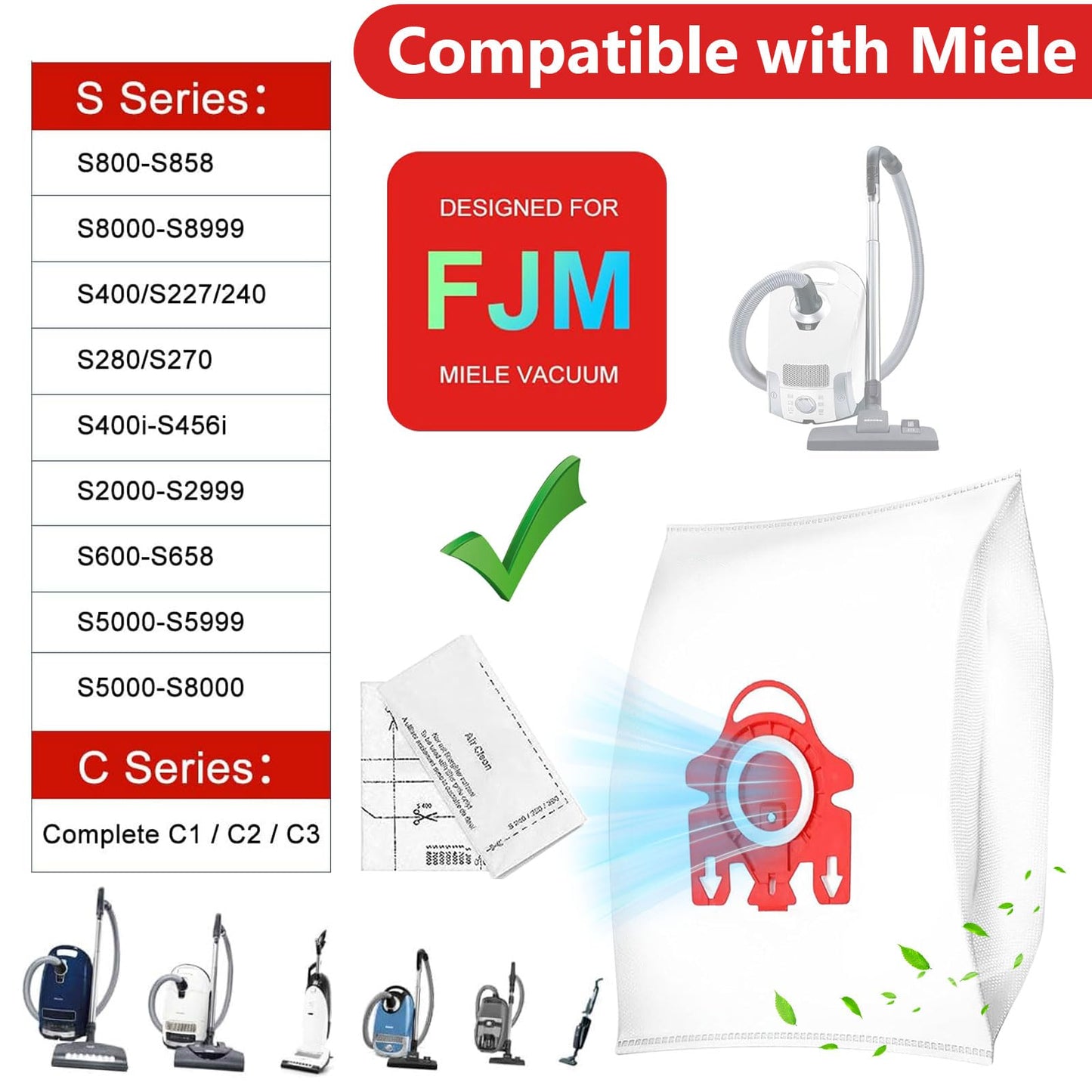 20 Pack Miele Vacuum Bags, Replacement for Miele FJM Vacuum Compact C2 Compact C1 Complete C1 S241 S290 S300i S500 S700 S4 S6 Series with 5 Motor Protection Filters 5 Air Clean Filters