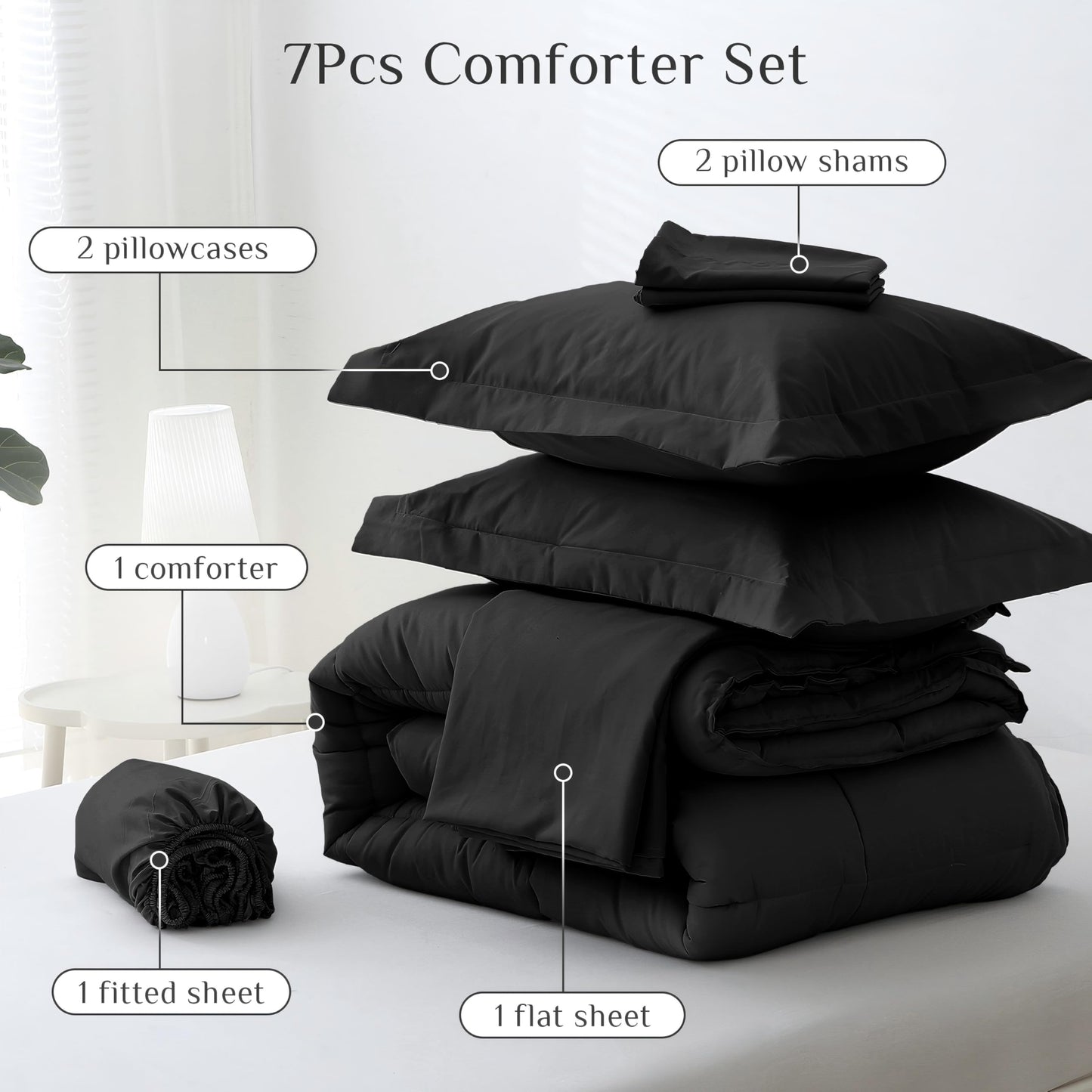 JOLLYVOGUE Black King Size Comforter Set - Ultra-Soft Bedding Set for All-Season Warmth - Bed in a Bag 7 Pieces with Sheets, Pillowcases & Shams