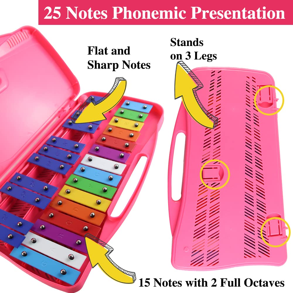 Eavnbaek Xylophone 25 Notes Glockenspiel for Kids, Professional Percussion Instrument With Hard Case and Safe Mallets, for Student Beginners, Music Teaching and Gifts (Pink)