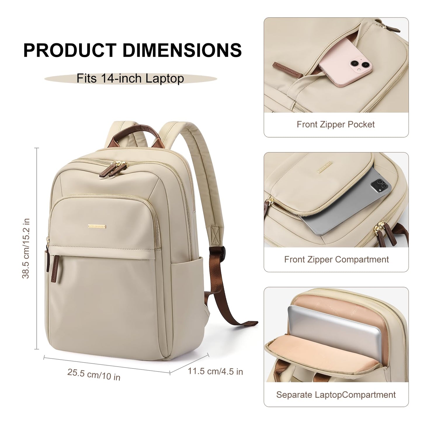 GOLF QUALITY Laptop Backpack for Women Travel Work Commute Casual Daypack Backpack Purse Computer Bags Fit 14 Inch Notebook, Apricot