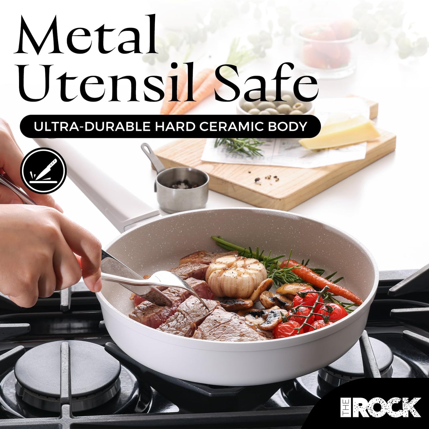THE ROCK SOHO 9.5-Inch Non Stick Frying Pan with Lid–Nothing Sticks, Never Warps, Lasts Longer, Ceramic Non Toxic Skillet with Heat-Resistant Handle, PTFE PFOA&PFAS Free, Dishwasher Safe, Cream