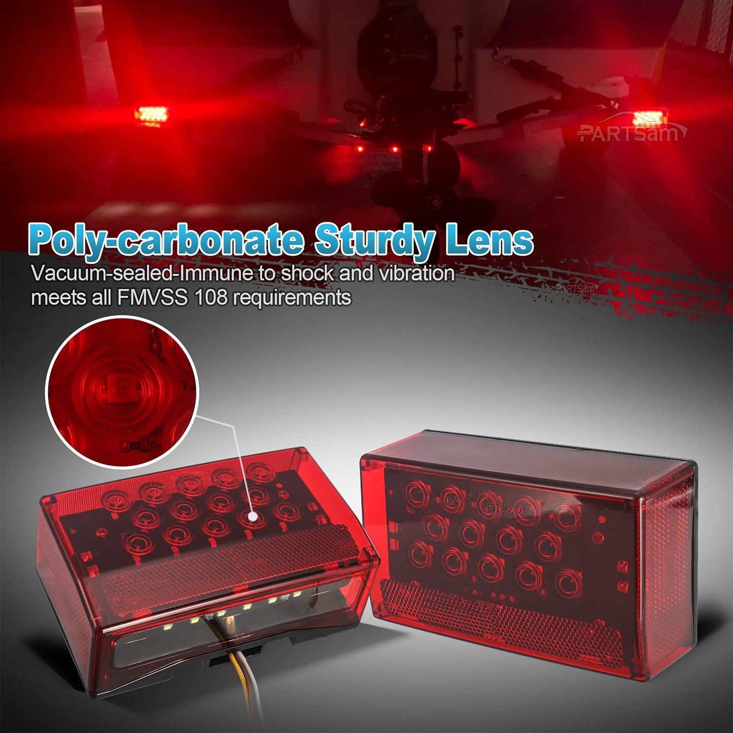 Partsam 6" Rectangular LED Combination Tail Lights Kit Red, 12V LED Submersible Sealed Rectangular Boat Trailer Stop Turn Tail License Plate Brake Running Light Kit w/25ft Wiring Harness 4Pin+Bracket
