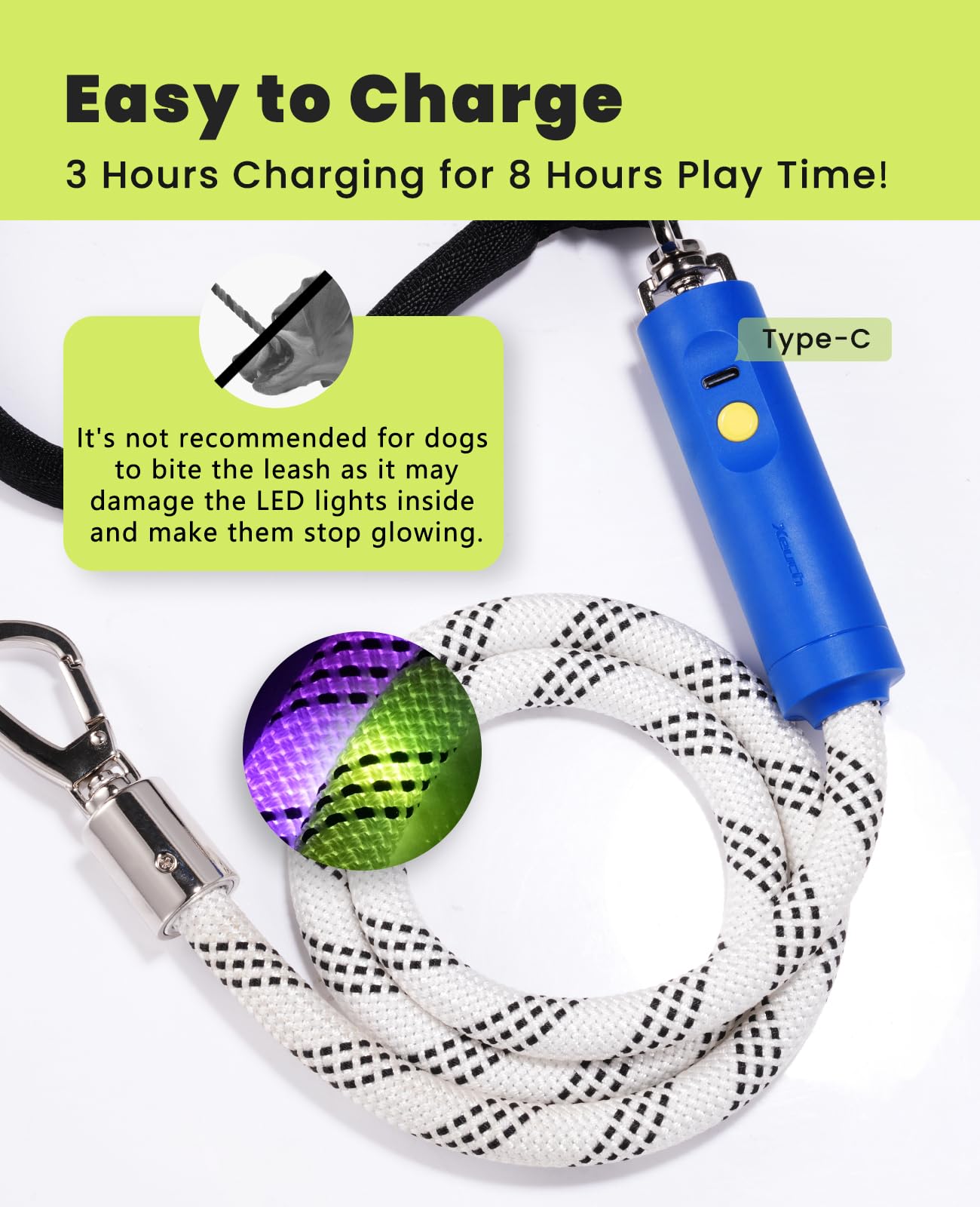 Light Up Dog Leash, LED Pet Leash for Night Walking,13 Lighting Modes, Rechargeable Dog Lights, Glow in The Dark Walking Leashes with Tangle-Free Hook for Small Medium Large Dogs (1.5m)