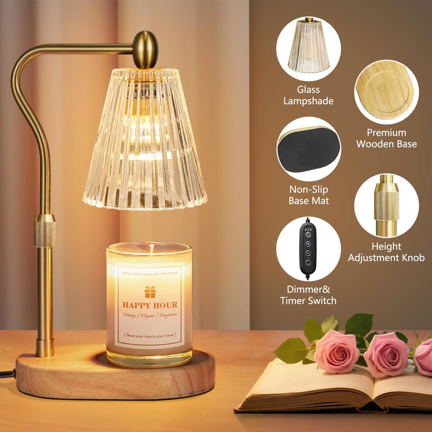 Imenlox Candle Warmer Lamp, with Timer and Dimmer, Adjustable Height, Christmas Birthday Gifts for Women Mom, House Warming Gifts New Home Decor, Wax Warmer for Jar Candles (Gold)