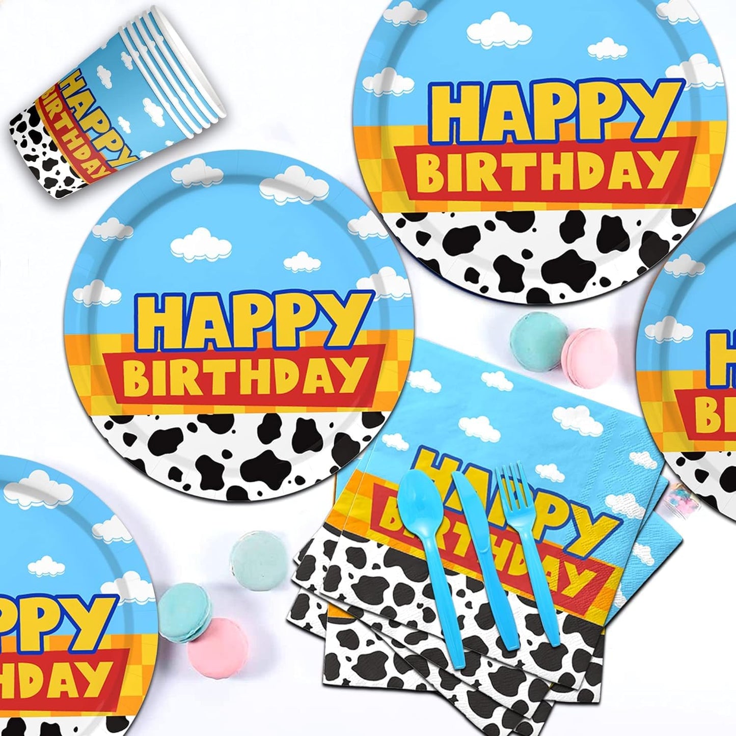 Inspired Story Birthday Party Supplies Cartoon Story Birthday Party Decorations Cartoon Story Plates and Napkins Tableware Set Blue Cloud Cow Print Party Supplies