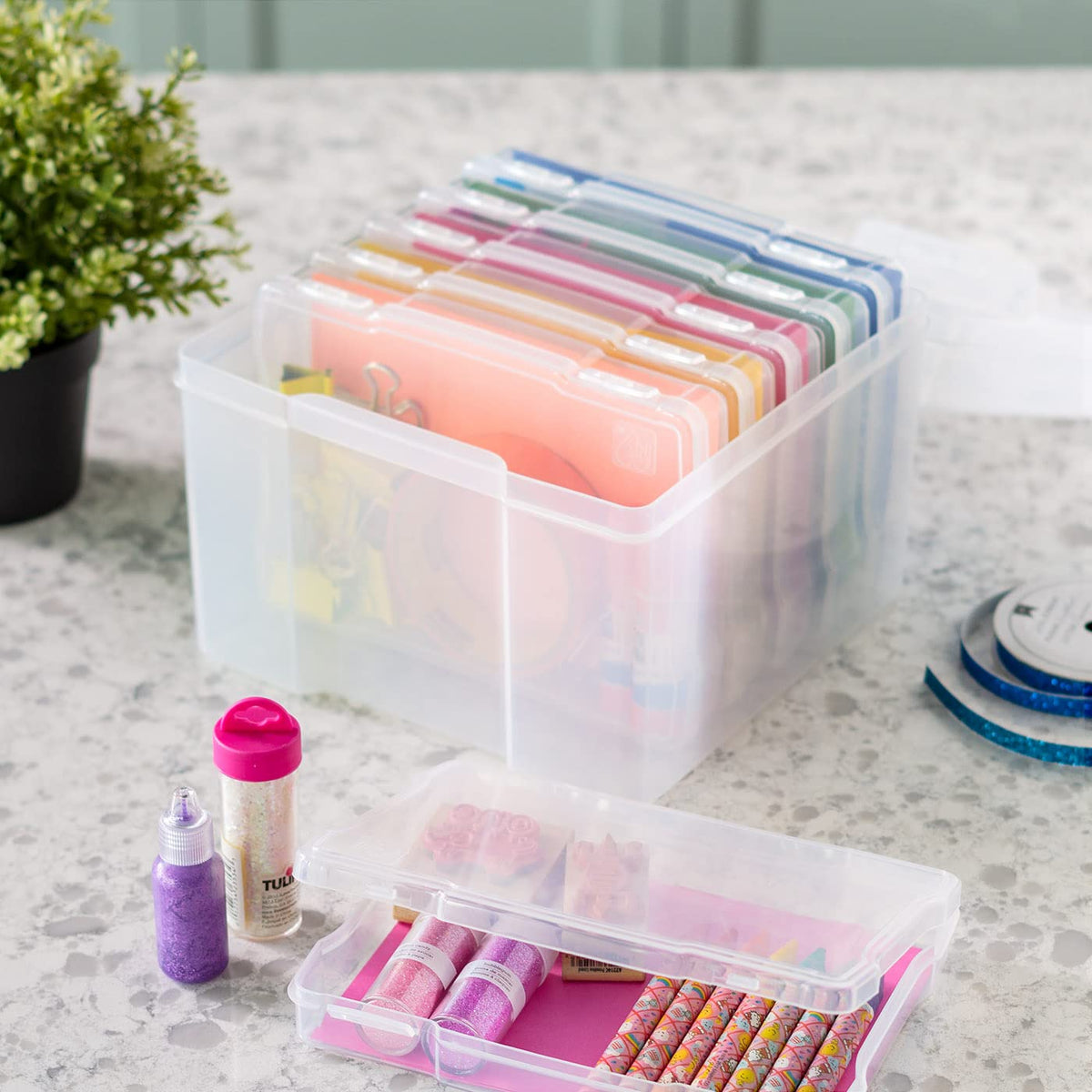 IRIS USA 5" x 7" Photo Storage Craft Keeper, Main Container with 6 Organization Cases For Pictures, Crafts, Scrapbooking, Stationery Storage, Protection and Organization, Clear
