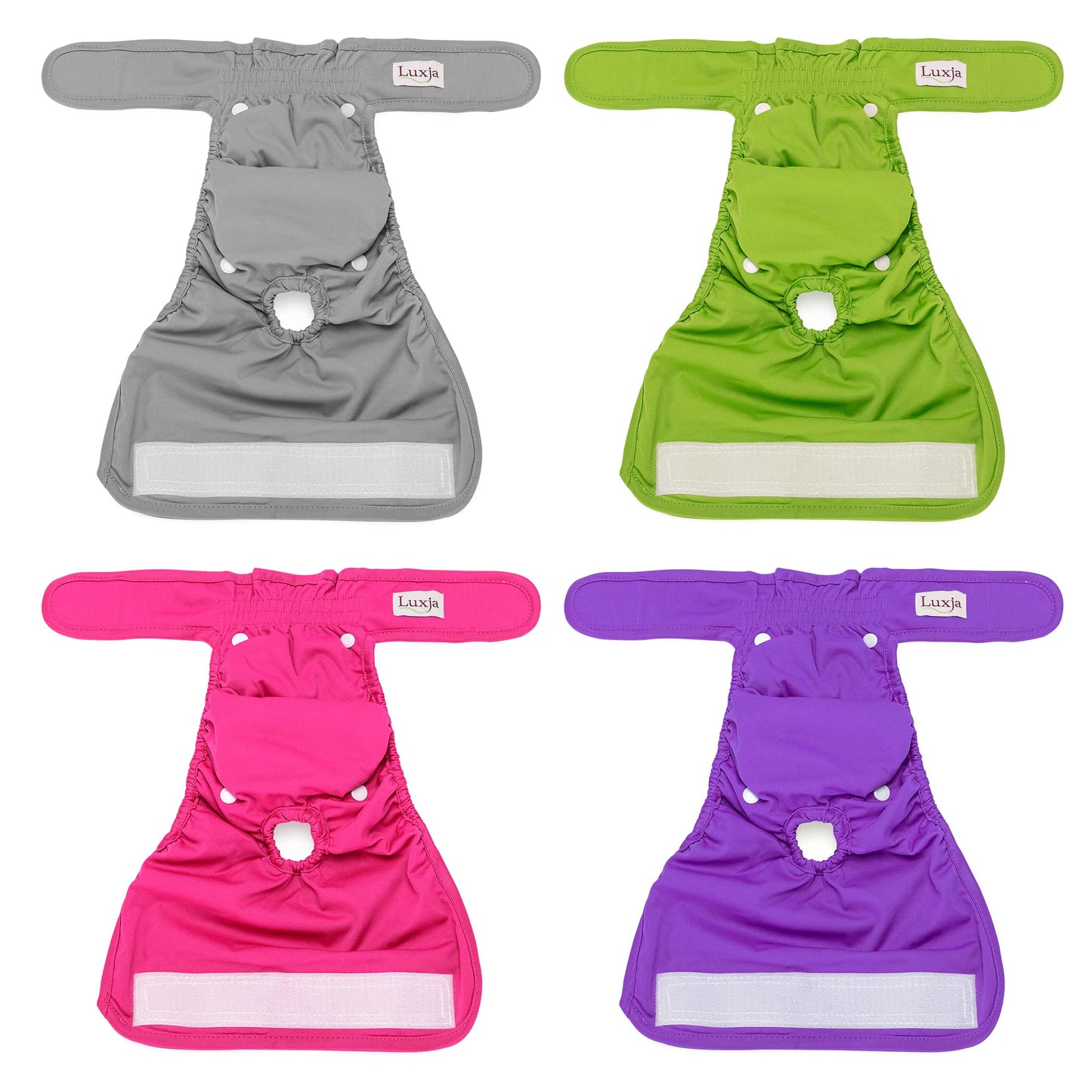 Luxja Reusable Female Dog Diapers with Detachable Diaper Pads (Pack of 4), Washable Dog Wraps Hygiene Nappies for Female Dog,(Gray + Green + Purple + Rose Red), L2