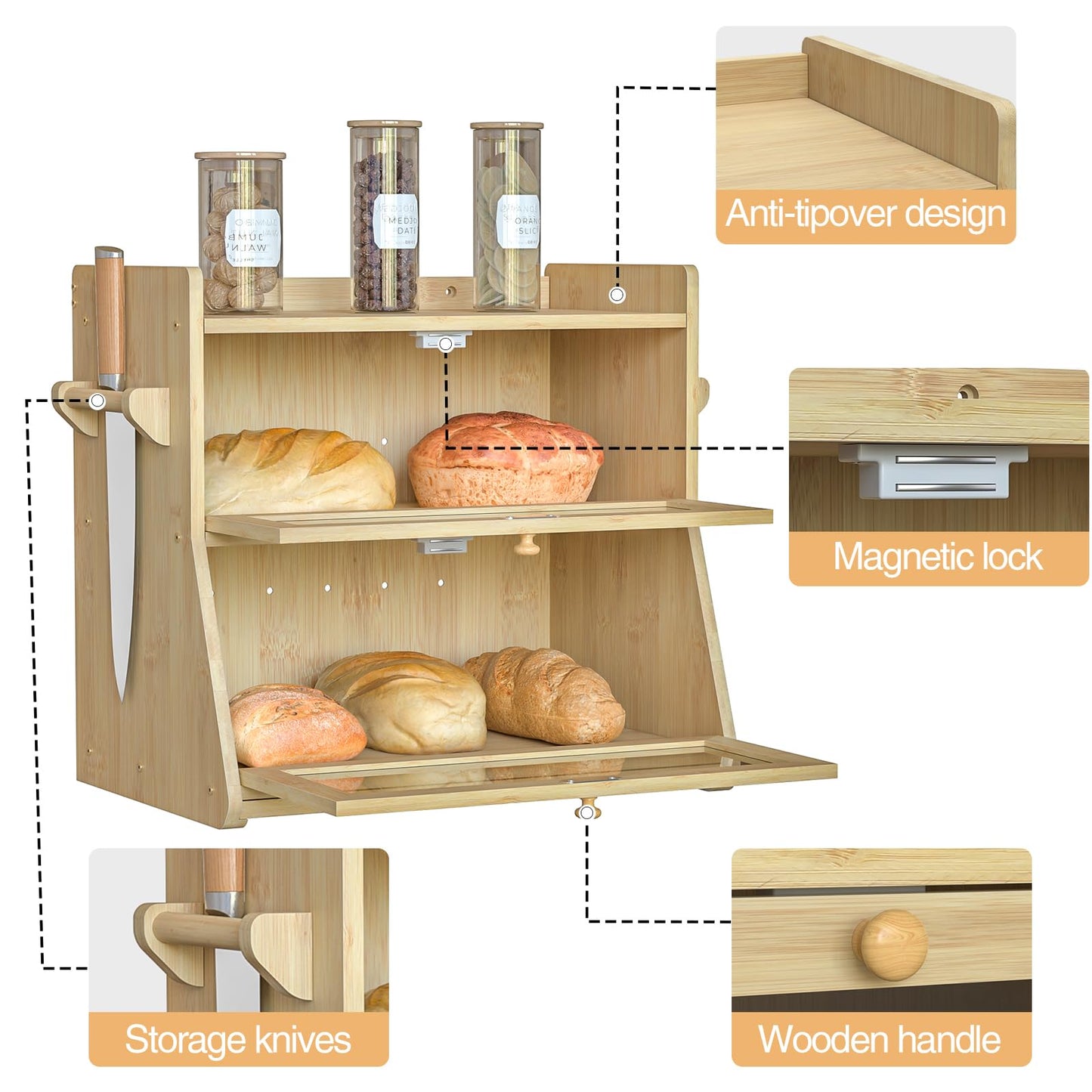 Giluta Double Layer Bread Box for Kitchen Counter, Large Bread Storage Container with Clear Acrylic Door, Bamboo Farmhouse Bread Organizer Countertop Breadbox