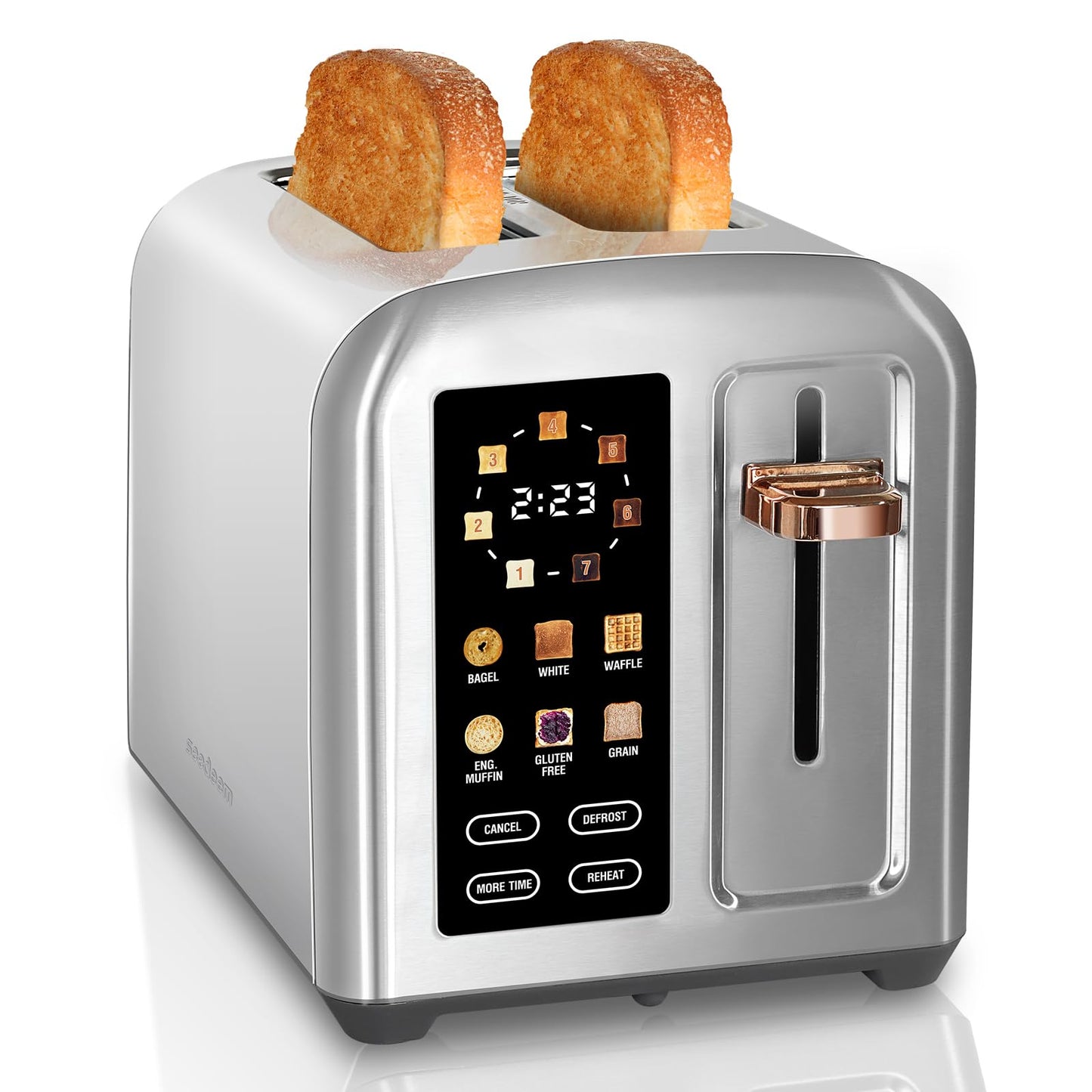 SEEDEEM Toaster 2 Slice, Stainless Steel Bread Toaster with LCD Display and Touch Buttons, 50% Faster Heating Speed, 6 Bread Selection, 7 Shade Settings, 1.5''Wide Slots Toaster with Cancel/Defrost/Reheat Functions, Removable Crumb Tray, 1350W, Silver Met