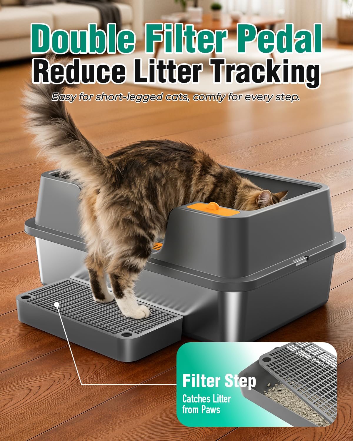OROLEY Stainless Steel cat Litter Box, Extra Large Size for Big Cats, high-Sided Metal Tray, Leak-Proof, Odor-Resistant, Easy to Clean, Includes Raised Platform and Scoop.