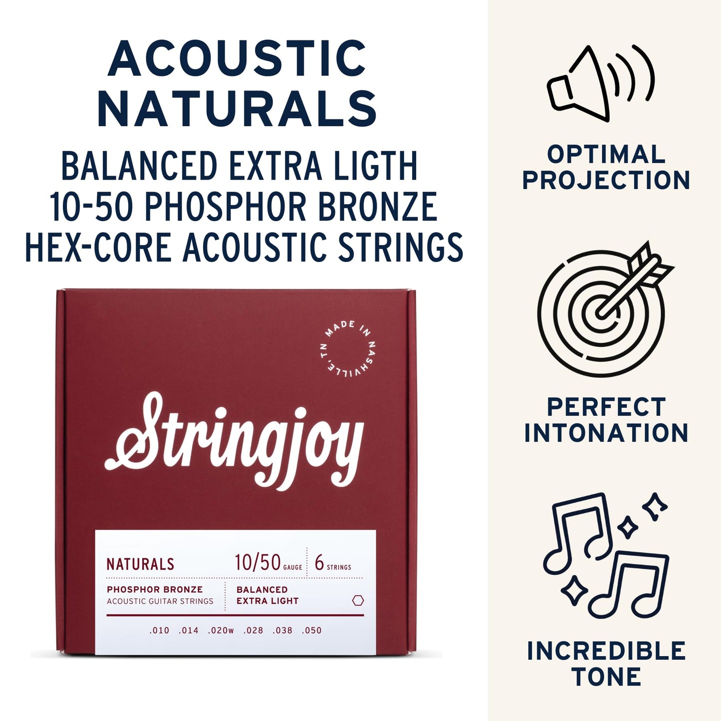 Stringjoy Balanced Extra Light Gauge Naturals Phosphor Bronze Acoustic Guitar Strings 10-50, NB1050, Long-Lasting Clear & Shimmering Tone, 6 String Set, 2-Pack