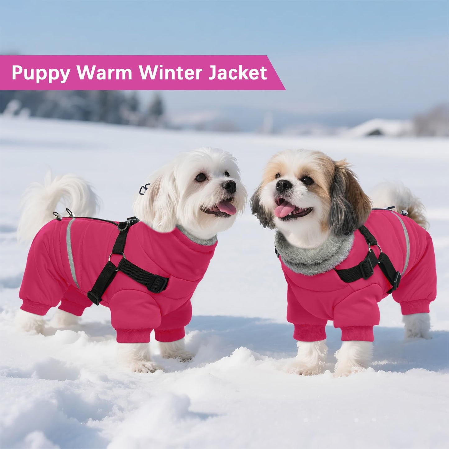 BRKURLEG Dog Winter Coat with Harness Built in, Winter Dog Jackets for Small and Medium Dogs, Small Dogs Snowsuit Reflective Windproof Cold Weather Pet Coats, Puppy Warm Fleece Coat, Hot Pink, M