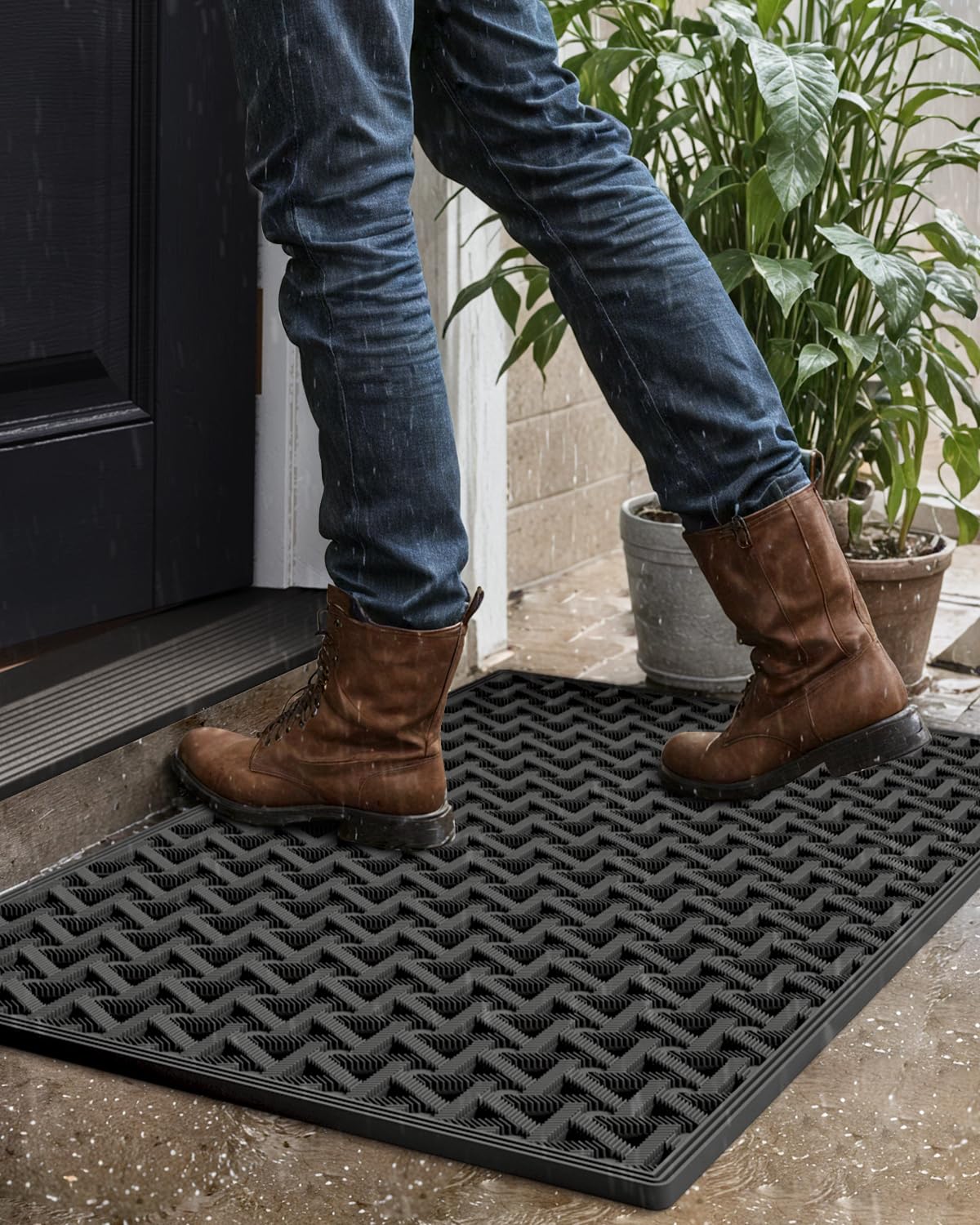 DEXI Rubber Front Door Mat Outside Entrance 24x36, Non Slip Dirt Trapper Drainage Holes Doormat, Heavy Duty Entryway Rug Waterproof All Weather Floor Mat for Welcome, Black