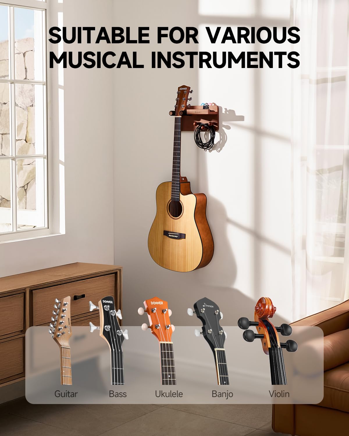 Donner Guitar Wall Mount with 3 Hooks, Wood Guitar Hanger with Shelf and Pick Holder, Wall Stand Rack for Acoustic, Electric, Bass, Ukulele