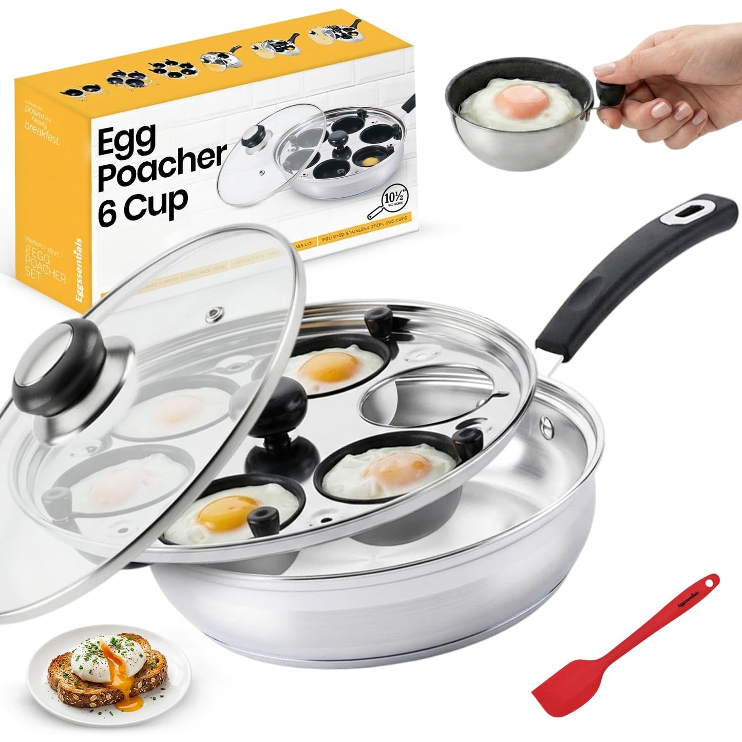 Egg Poacher Pan Nonstick Poached Egg Maker, Stainless Steel Egg Poaching Pan, Poached Eggs Cooker Food Grade Safe PFOA Free with Spatula, Egg Poachers Cookware