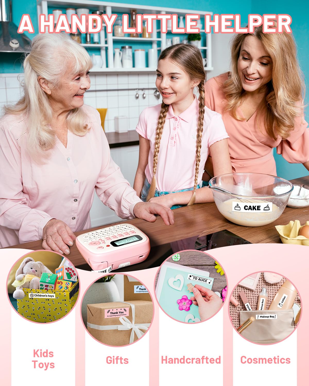 Label Maker Machine with Tape, Portable Pink Label Maker for Kids, EazeID D210S Easy Cute Label Makers Printer, QWERTY Keyboard Labeler with Multiple Fonts Frame for Home Office School Supplies