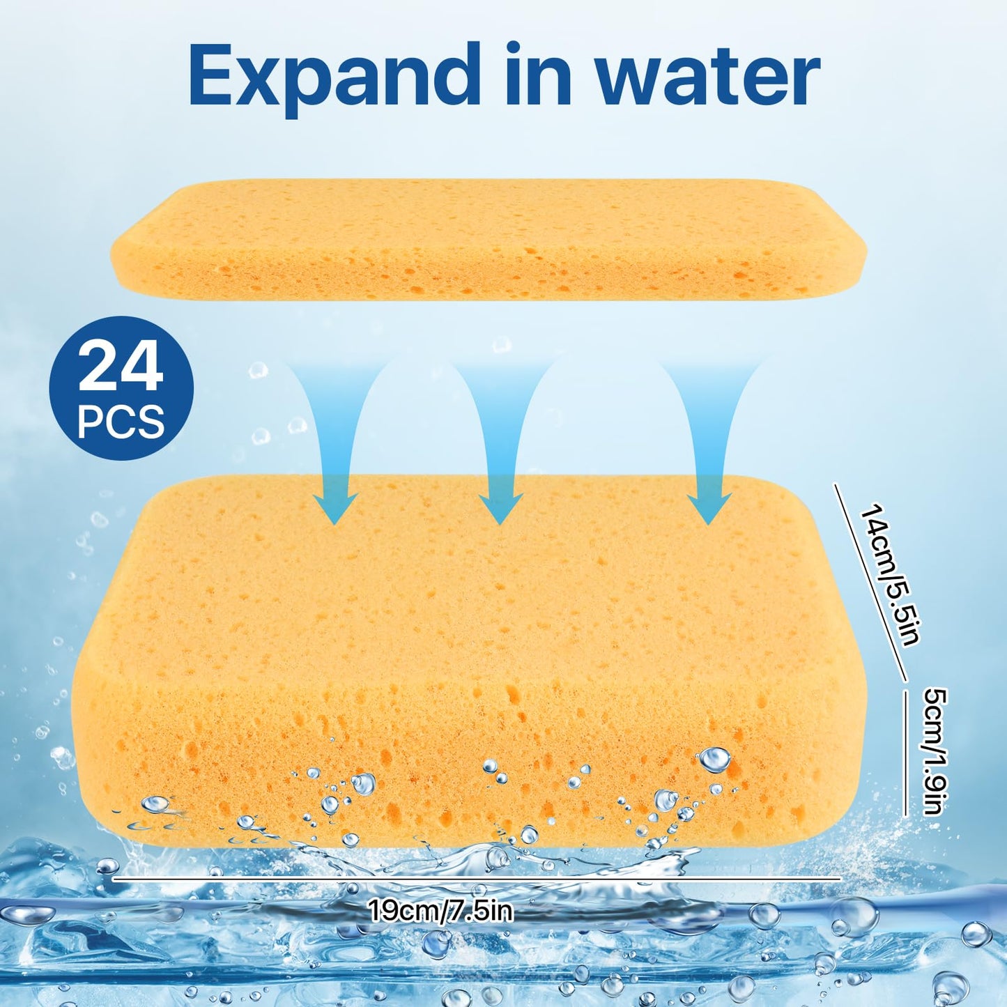 Worldity 24 Pcs Large Cleaning Sponge, 7.5 x 5.5 x 1.9 Inch Grout Sponge, Yellow Car Wash Sponge, Multipurpose Large Sponges for Cleaning Kitchen, Window, Car, Bicycle