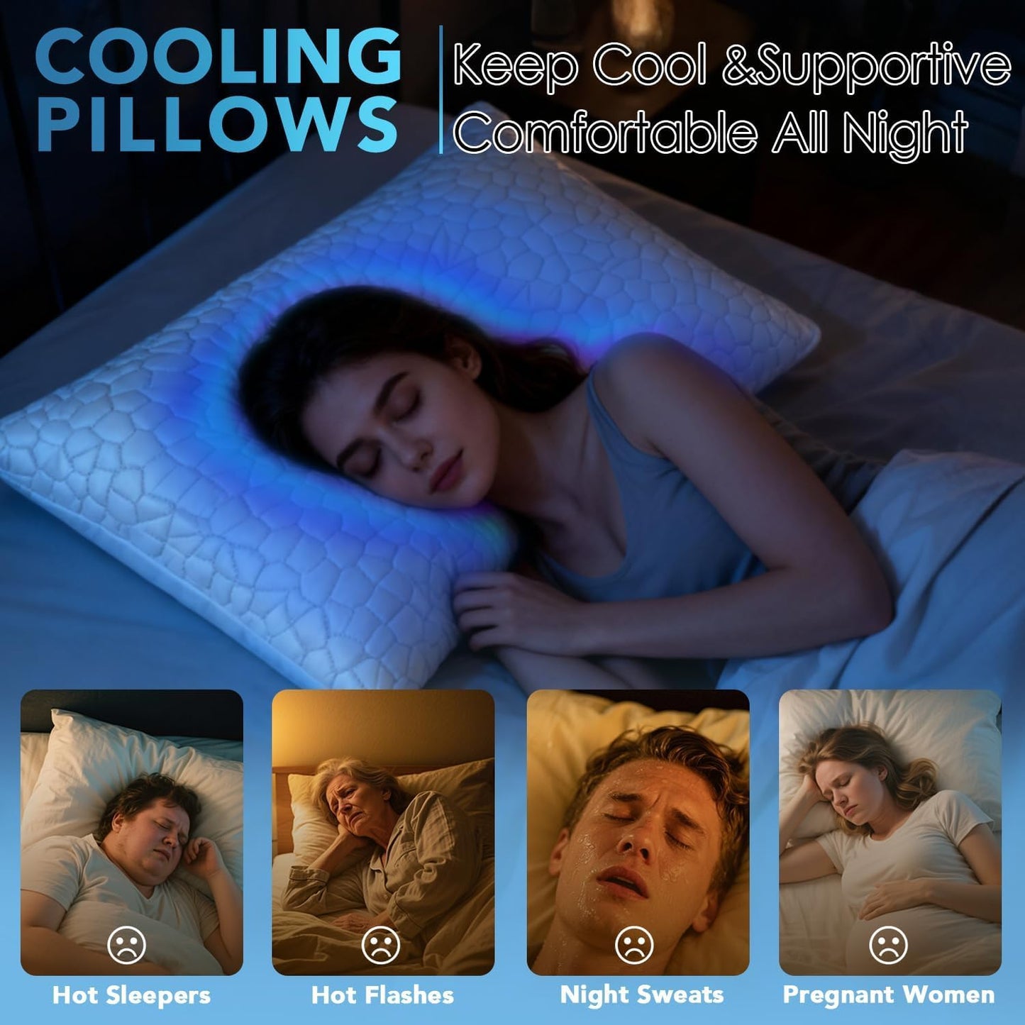 Cooling Memory Foam Pillow for Sleeping, Adjustable Shredded Memory Foam Bed Pillow, Breathable Cooling Fabric Cover, Soft & Supportive Pillow for Side Back Stomach Sleepers, Queen Size 1-Pack