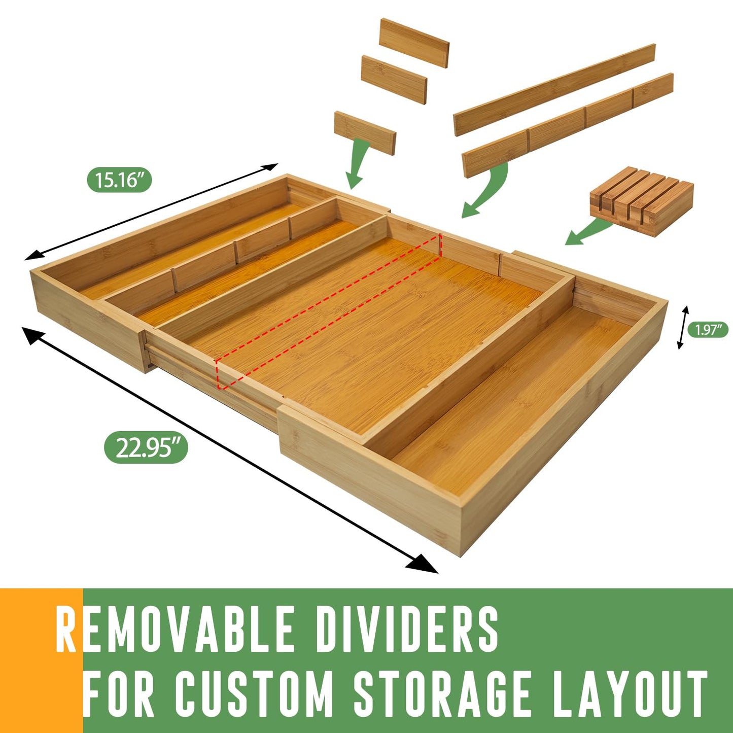 KWASVLYA Bamboo Expandable Drawer Organizer with Removable Dividers, 15"-22" Adjustable Tray for Kitchen Utensils, Makeup & Office Storage