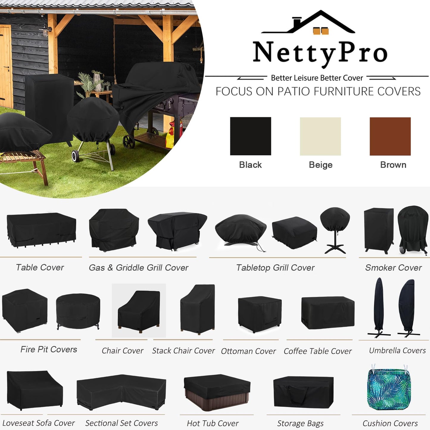 NettyPro Stackable Patio Chair Covers 2 Pack Waterproof Outdoor Patio Furniture Stacking Chair Cover, Fits for 4-6 Stack Dining High Back Chairs, 26"W x 35"D x 45"H, Black