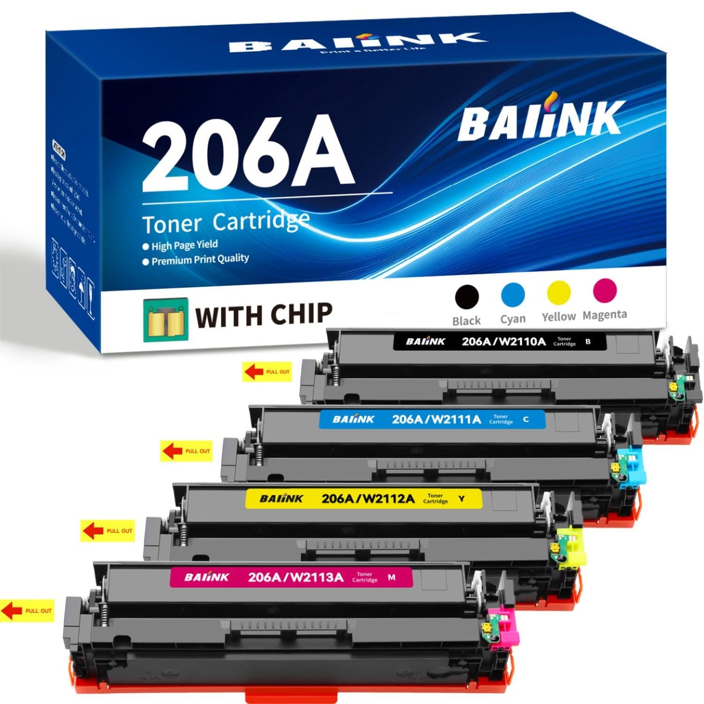 BAIINK 206A Toner Cartridges (with Chip) Replacement for HP 206A Toner Cartridges 4 Pack Compatible for Pro MFP M255 M255dw M282 M282nw M283 M283cdw M283fdw Printer W2110X W2110A Ink