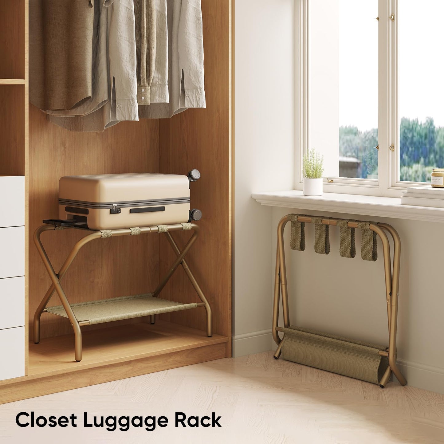 Smart FENDEE Set of 2 Luggage Rack for Guest Room, Folding Suitcase Stand with Shoe Shelf, Easy Assembly, Portable, Hold up to 110 lb, Gold